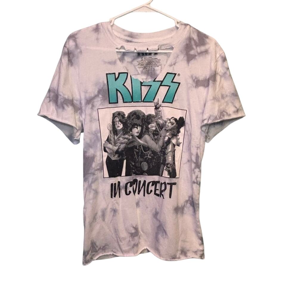 Women's KISS White Grey Tie-Dye Teal Logo In Concert Short Sleeve Tee S